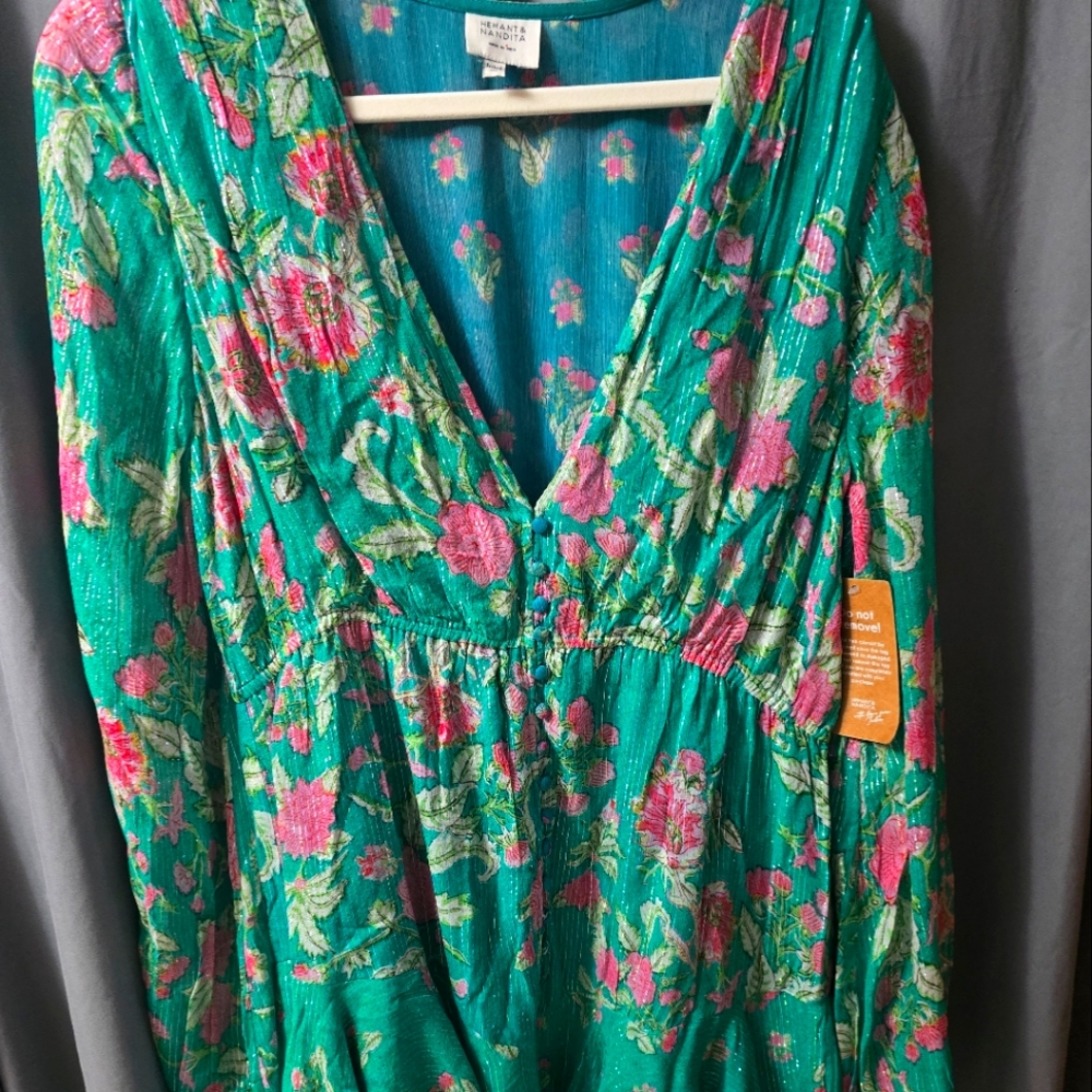 Hemant & Nandita green and pink mini dress size Large NWT